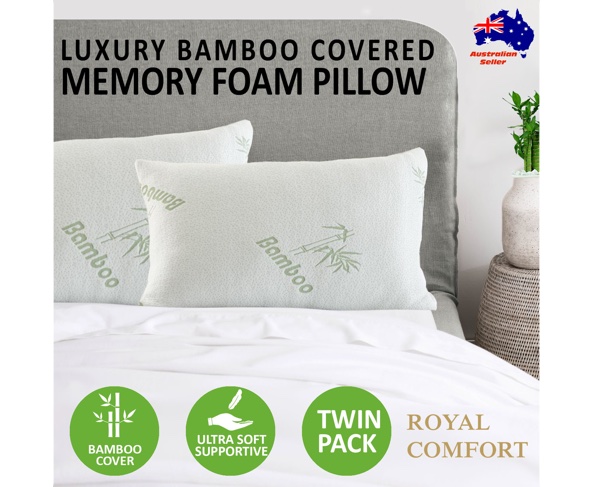 Royal Comfort Luxury Bamboo Covered Memory Foam Pillow Twin Pack Hypoallergenic