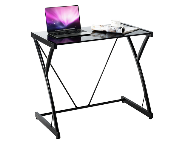 Costway Glass Top Computer Desk Laptop Writing Study Workstation Z-Shaped Metal Frame - Black