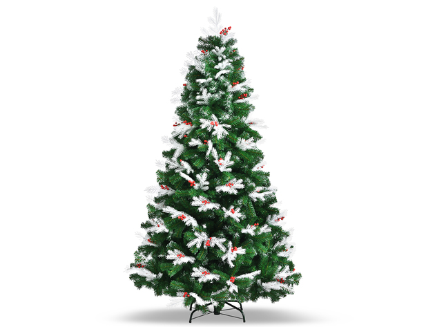 7 Feet Snow Flocked Christmas Tree with Pine Cone and Red Berries - Costway