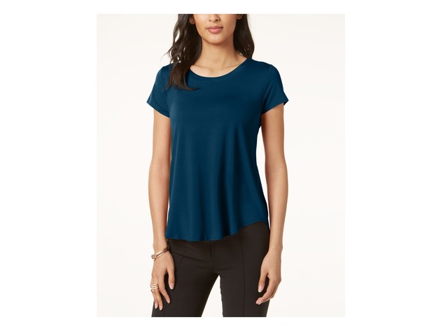 Alfani Women's Satin-Trim High-Low T-Shirt Blue Size Petite
