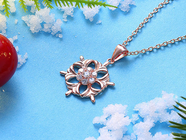 Circular Snowflake Necklace with White Swarovski Elements (Rose Gold)
