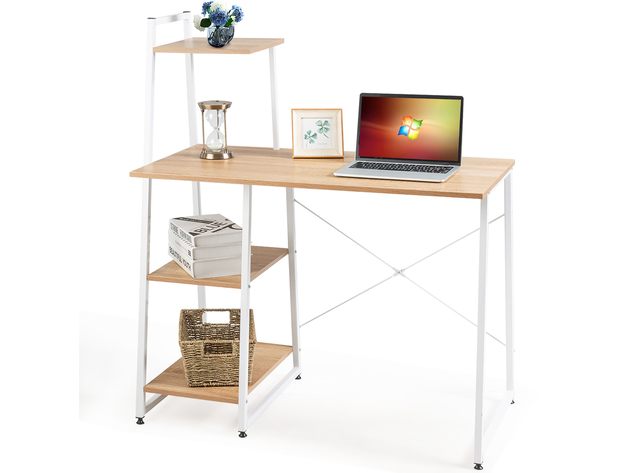 Costway Computer Desk with Shelves Study Writing Desk Workstation with Bookshelf - Natural 