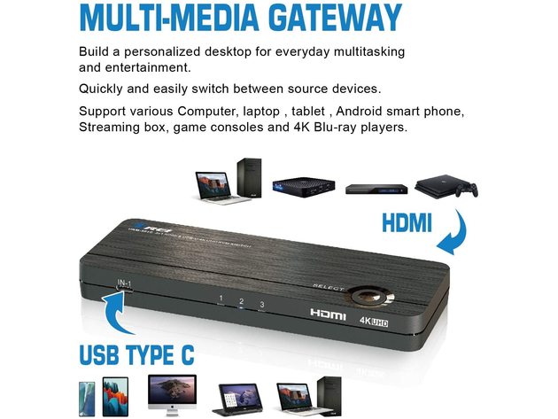 4K 3x1 HDMI Switch 2 HDMI + USB-C Input (UHD-301C)