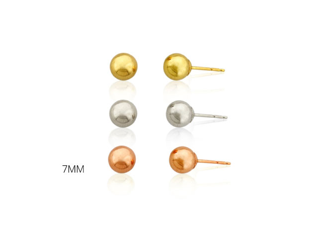 Gold Ball Earrings: Set of 3 Pairs in 14K Yellow, Rose & White Gold (7MM)