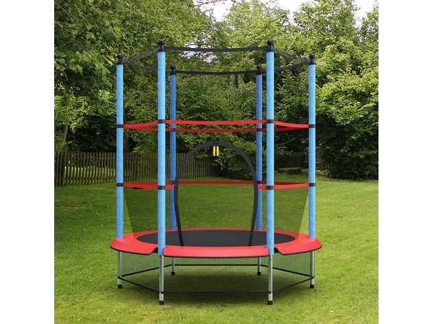 Costway Youth Jumping Round Trampoline 55'' Exercise W/ Safety Pad Enclosure Combo Kids - Red and Black