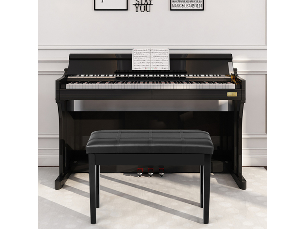 Costway Solid Wood PU Leather Piano Bench Padded Double Duet Keyboard Seat Storage Black