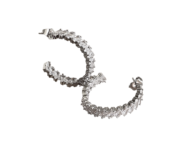Silver Hoop Earrings with Angled Princess Cut White Diamond Cubic Zirconia