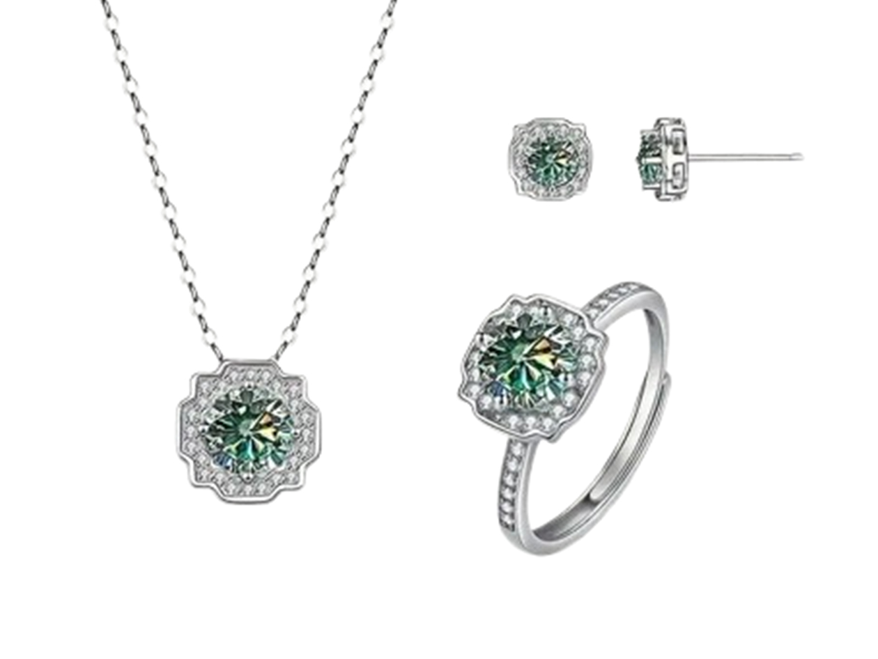 4-Piece Elegant Moissanite Jewelry Gift Set with Adjustable Ring (Blue Green)