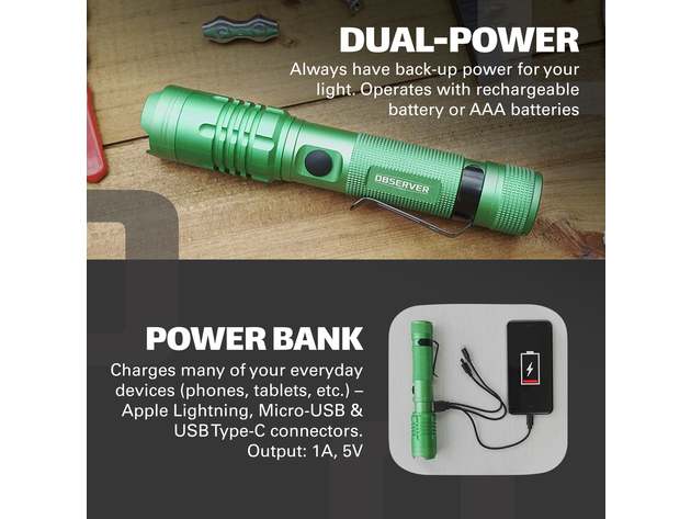 1200 Lumen Tactical LED Rechargeable Flashlight with Power Bank & Dual Power (Green)