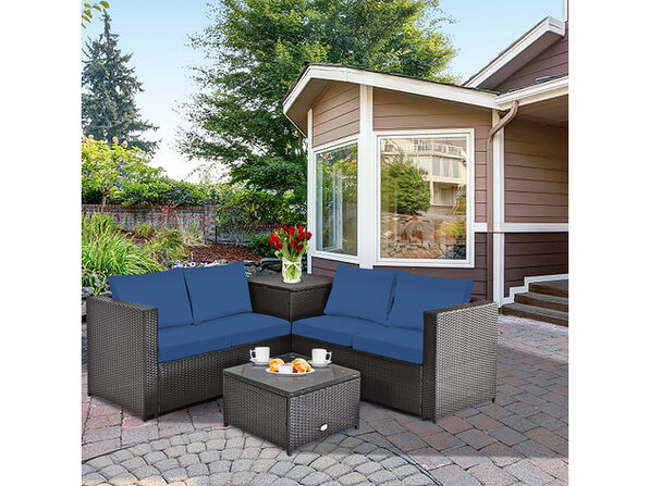 Costway 4pcs Outdoor Patio Rattan Furniture Set Cushioned Loveseat Storage Table Brown Navy Stacksocial