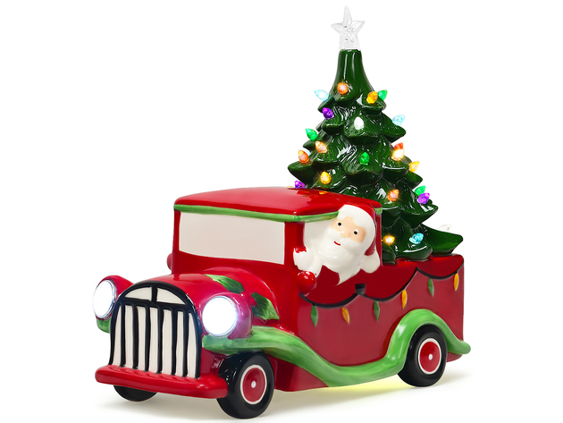 Costway Pre-lit Vintage Tabletop Ceramic Tree and Truck Battery Powered Christmas Decor - Red/Green