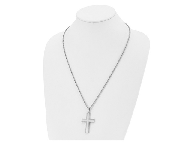 Mens Stainless Steel Polished Laser-Cut Cross Pendant Necklace with Chain