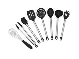 Homvare 8 Piece Stainless Steel BPA Free Silicone Kitchen Cooking Easy Grip Utensil Set Durable Material  - Black