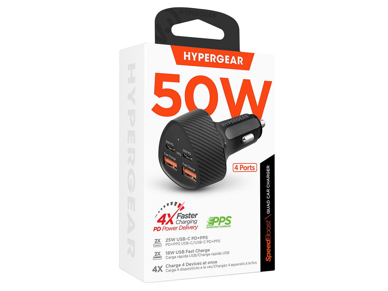 HyperGear SpeedBoost 50W 4-Port Fast Car Charger