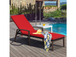 Costway Patio Rattan Lounge Chair Chaise Recliner Back Adjustable Cushioned Garden Red
