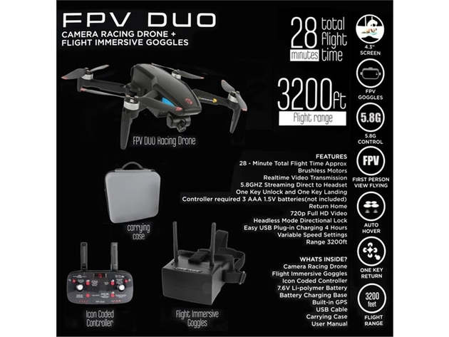 Vivitar FPV DUO Drone Camera Racing Drone + Flight Emmersive Goggles, DRCLS16-NOC, 3200ft Range (Certified Refurbished)