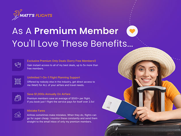 Matt's Flights Premium Plan (1 -Yr Subscription) - Save up to 90% on Domestic & International flights