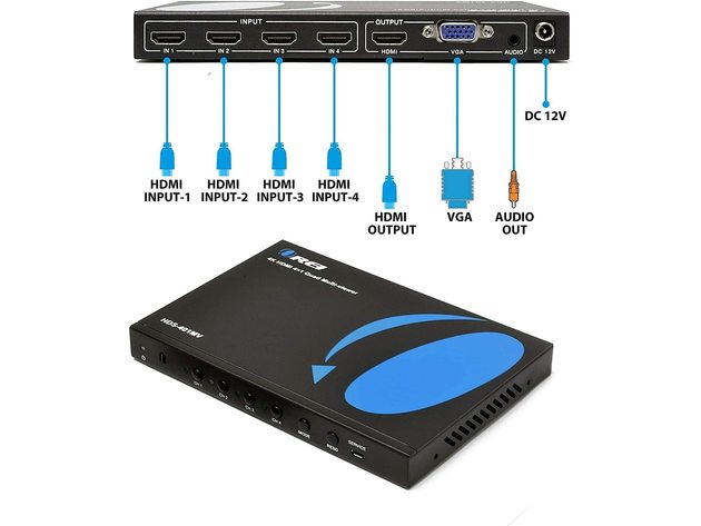 Quad Multi HDMI Viewer 4 in 1 Out by OREI HDMI Switcher 4 Ports Seamless Switcher and IR Remote Support 4K @ 30Hz 1080P for PS4/PC/DVD/Security Camera, HDMI Switch VGA Output - HDS-401MV