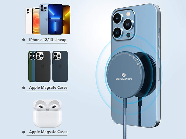 10 Foot Magnetic Wireless USB-C Charging Cable Blue (MagSafe Compatible)
