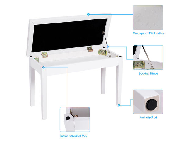 Costway Solid Wood PU Leather Piano Bench Padded Double Duet Keyboard Seat Storage White - White