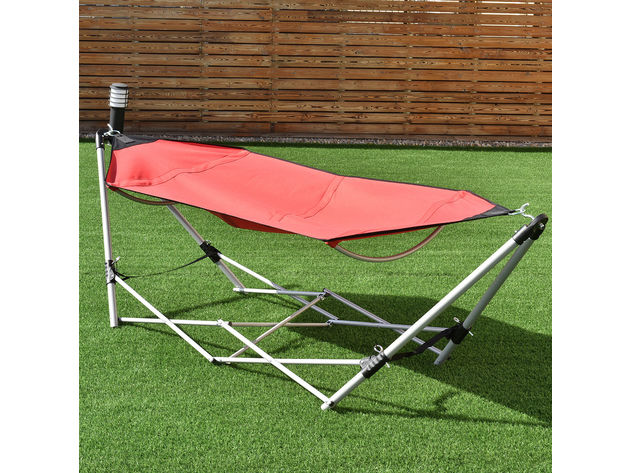 Costway Red Portable Folding Hammock Lounge Camping Bed Steel Frame Stand W/Carry Bag - Red