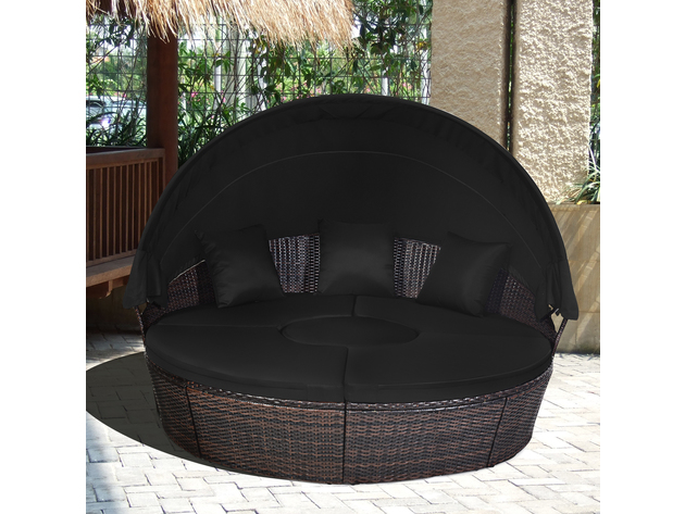 Costway Patio Rattan Daybed Cushioned Sofa Adjustable Table Top Canopy Black 