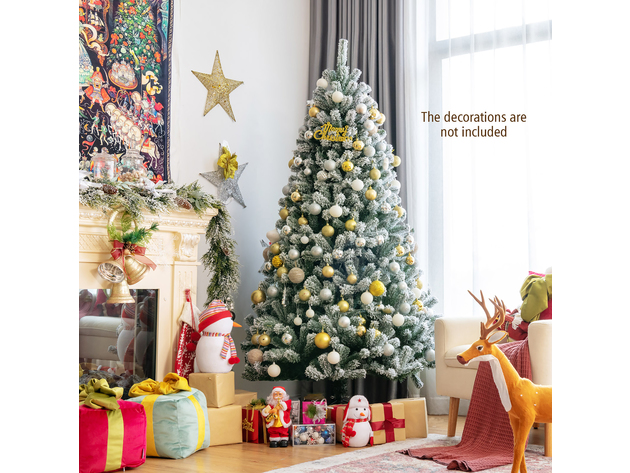 Costway 6ft Pre-lit Snow Flocked Hinged Christmas Tree w/ 928 Tips & Metal Stand - Green