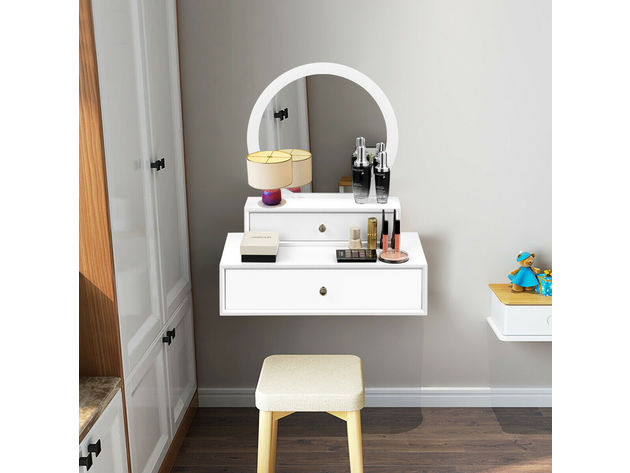 Costway Wall Mounted Vanity Makeup Dressing Home Furniture 2Drawer - White