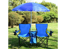 Costway Portable Folding Picnic Double Chair W/Umbrella Table Cooler Beach Camping Chair - Blue