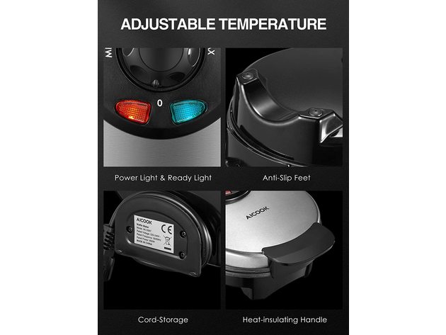 AICOOK Medium Belgian Waffle Maker Iron, 850W, Stainless Steel, Adjustable Temperature Dial, Nonstick Plates & Cool Touch Handle, Contains Recipe, Black