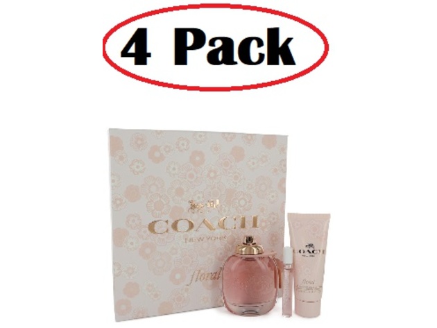 4 Pack of Coach Floral by Coach Gift Set -- 3 oz Eau De Parfum Spray + .25 oz Mini EDP Spray + 3.3 oz Body Lotion