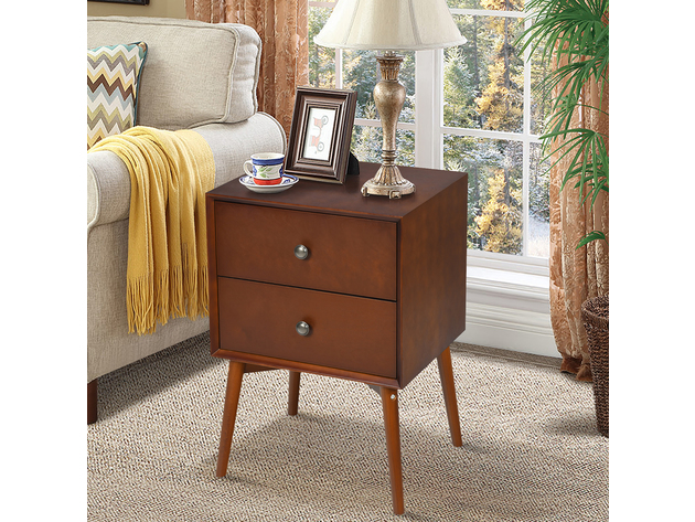 Costway Nightstand Mid-Century End Side Table 2 Drawers Rubber Wood Legs Living Room - Brown