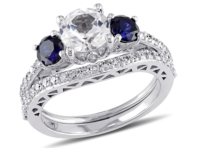 Created White & Created Blue Sapphire 2 Carat (ctw) with Diamond 1/3 Carat (ctw) Engagement Ring and Bridal Wedding Set 10K White Gold - 10