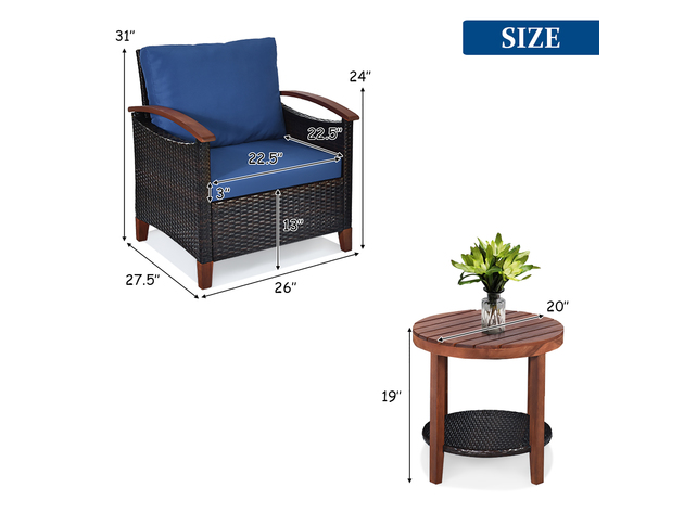 Costway 3 Piece Patio Rattan Furniture Set Solid Wood Frame Cushion Sofa Round Table Shelf