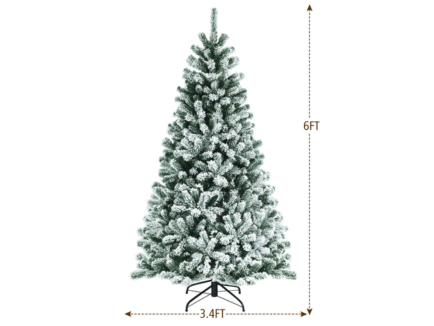 6 Foot Pre-lit Snow Flocked Hinged Christmas Tree w/ 928 Tips & Metal Stand