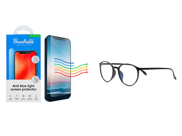 Ocushield Anti-Blue Light Screen Protector & Glasses Bundle (iPhone 13 Pro Max, Carson/Shiny Black)