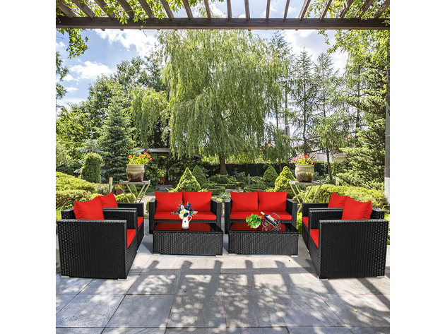Costway 8 Piece Patio Rattan Cushioned Sofa Chair Coffee Table Garden- Black,Red