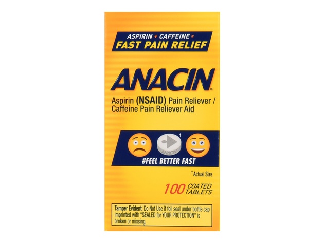 Anacin Aspirin + Caffeine Fast Pain Reliever Aid Coated Tablets, 100 ...