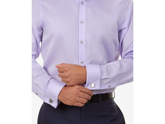 Calvin Klein Steel Men's Slim-Fit Non-Iron Performance Herringbone French Cuff Dress Shirt Purple Size 36-37