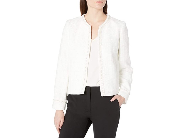 Tahari ASL Women's Petite Pearl Trim Boucle Jacket Ivory Size 16P