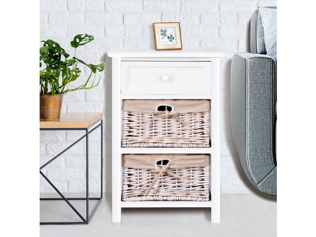 Costway White Night Stand 3 Tiers 1 Drawer Bedside End Table Organizer Wood W/2 Baskets - White