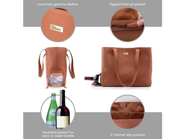 Brown Genuine Leather Tote with Insulated Lunch Bag Pocket / Wine Carrier. Wine Purses For Women Who Have Everything