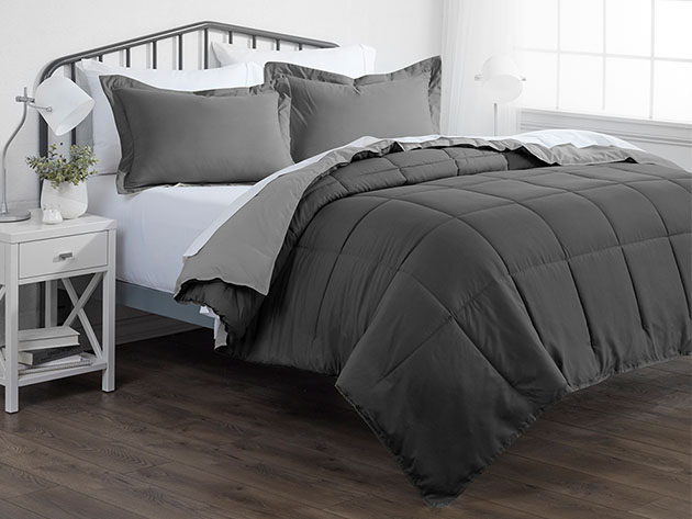 Down Alternative Reversible Comforter Set (Gray & Light Gray/Queen)