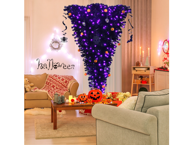 Costway 7ft Upside Down Christmas Halloween Tree Black w/400 Purple LED Lights - Black