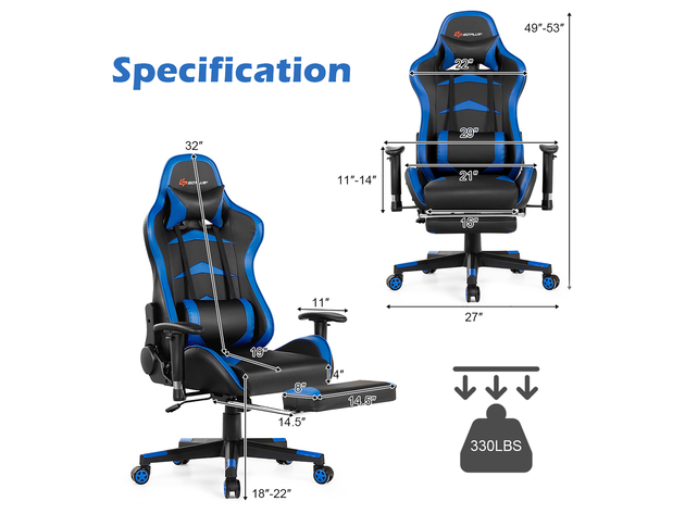 Goplus Massage Gaming Chair Reclining Swivel Racing Office Chair with Footrest Blue