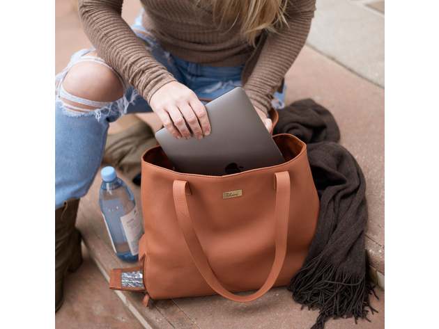 Brown Genuine Leather Tote with Insulated Lunch Bag Pocket / Wine Carrier. Wine Purses For Women Who Have Everything