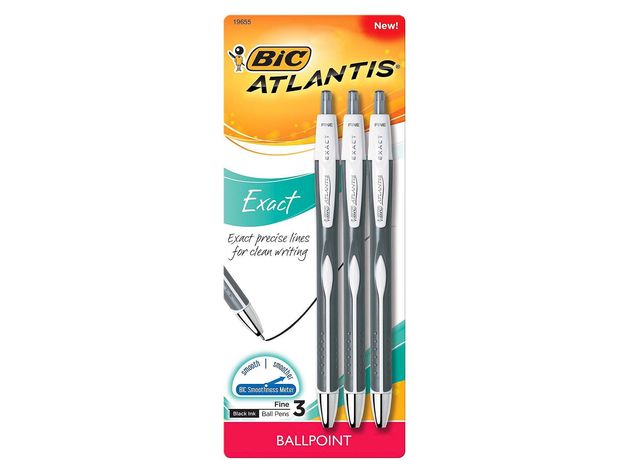 BIC Atlantis Exact Retractable Ballpoint Comfortable Pen With Rubber Grip, 3 Count