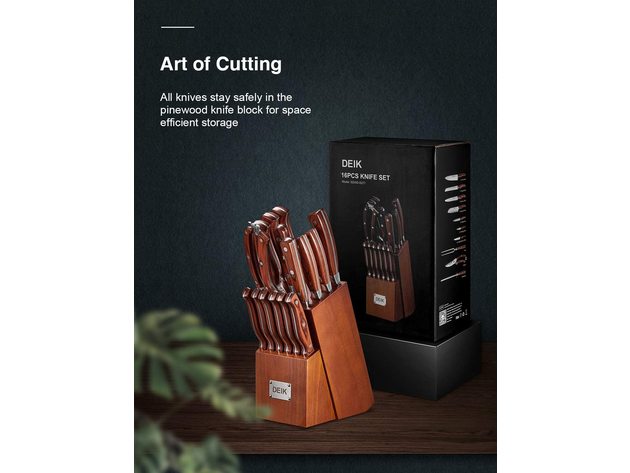 DEIK  Knife Set, High Carbon Stainless Steel Kitchen Knife Set 16PCS, Super Sharp Cutlery Knife with Carving Fork and Serrated Steak Knives, Wood Knife Block
