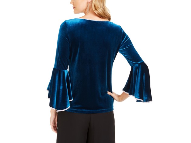 MSK Women's Embellished-Trim Women's Velvet Bell-Sleeve Top Blue Size Medium