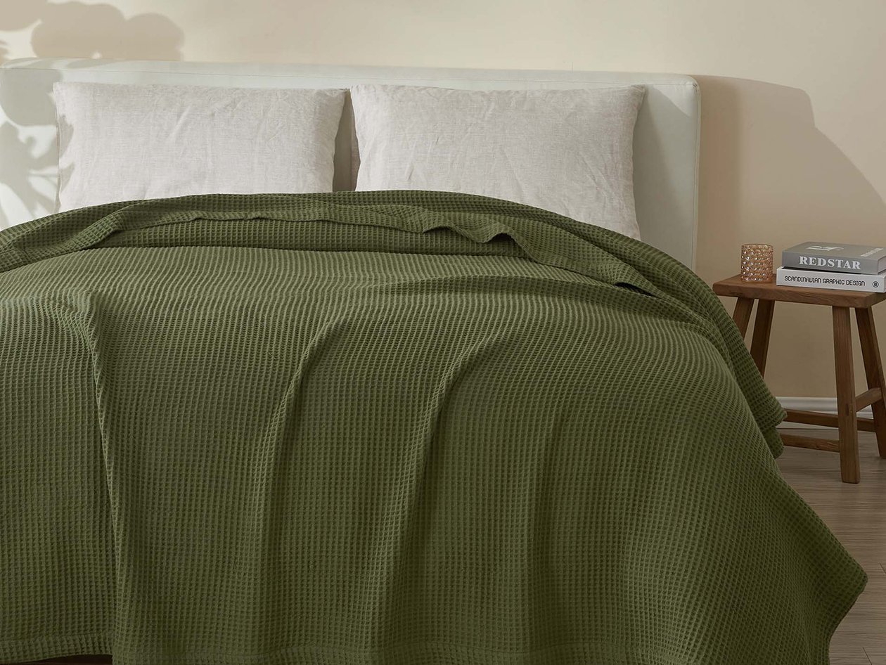Vintage Cotton Waffle Blanket (Queen/Olive)